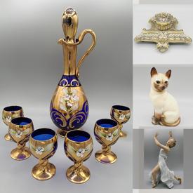 MaxSold Auction: This online auction features pine barstools, porcelain figures, tackle box, pink retro phone, vanity set, wood sculpture, puppy set, potpourri shaker, collector plates, Blue Mountain pottery, decanter set, milk glass and much more!