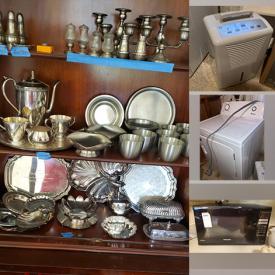 MaxSold Auction: This online auction features: Silver Plate, Pewter, Candles, Dehumidifier, Lamp, Boxes, Foot Stool, Butcher Block Cabinet, Ethan Allen Sofa, Cabinet, Zenith Tube Tv and much more!