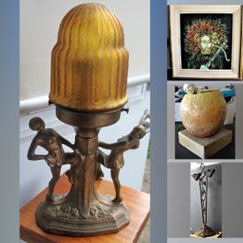MaxSold Auction: This online auction features Art Deco table lamps, Miklos Farago painting, art pottery, stained glass window, wood carvings, trinket boxes, teacup/saucer sets, cranberry glass, art glass, personal robot toy, framed wall art and much more!