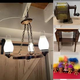 MaxSold Auction: This online auction features a decorative cabinet, vintage pencil sharpener, casters, mirrors, books, wall hanging, copper mugs, oil lamps, Christmas glasses, Blue Mountain pottery, candle holders, Troll dolls, jewelry,  magazine table, vanity seat, wagon wheel ceiling light, tin cups, weathervane, candle holders and much more!