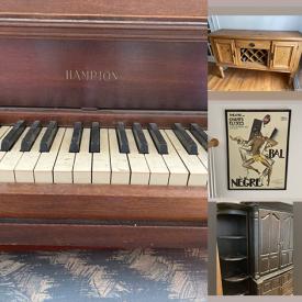 MaxSold Auction: This online auction features tv armoires, framed prints, upright piano, gel-burning fireplace, chaise lounge, vintage trunks, platform bed, desks, sideboards, tile and much more!