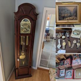 MaxSold Auction: This online auction features grandfather clock, collector watches, 10k gold ring, furniture such as Ethan Allen mahogany breakfront, lighted curio cabinet, lifting recliners, shield back chairs, and oak armoire, home decor, framed artwork, chandelier, glassware, small kitchen appliances, table lamps and much more!