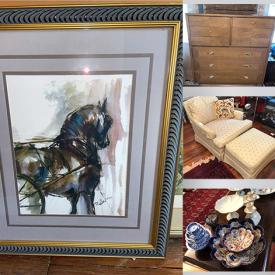 MaxSold Auction: This online auction features silver plate, Wedgwood, Lenox, sterling silver, furniture such as apothecary cabinet, wooden table, upholstered chair, Globe buffet, and chest of drawers, area rugs, stoneware, fine china, books, horse tack, lamps, fishing gear and much more!