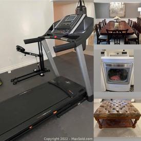 MaxSold Auction: This online auction features an Ethan Allen dining room set, Washer, Dryer, garden tools, NordicTrack treadmill, bedframe, leather coffee table, Pottery Barn bookshelves, ice cream maker and much more!