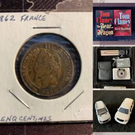 MaxSold Auction: This online auction features 18th and 19th century coins, film camera, decor, diecast vehicle, video games, Christmas decor, wooden art pieces, comics, a storage cabinet, collectible figurine, men's watch, collectible pins, PlayStation, CDs, DVDs, dollar banknote, guitar, LPs, silver jewelry and much more