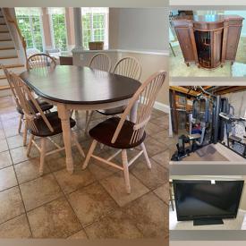 MaxSold Auction: This online auction features 42” Vizio TV, furniture such as side tables, desk, maple bookcase, Fairfield settee, Canadel dining chairs and corner console cabinet, home decor, wall art, lamps, exercise equipment, bicycles, yard tools and much more!