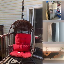 MaxSold Auction: This online auction features furniture such as a hanging wicker egg chair, bookcases, cubby storage, toy storage, patio furniture, bed frames, dresser and others, guitar, toys, hoverboard, camping supplies, Electrolux refrigerator, shoes, TVs, wall art, office items, faux tree and much more!