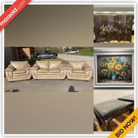 MaxSold Auction: This online auction features leather furniture, telescopic ladder, vintage rawhide tribal art, mirror coffee table, fitness gear, guitar, room divider and much more!