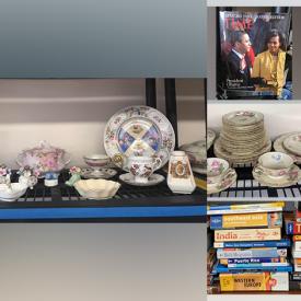 MaxSold Auction: This online auction features various items such as books, oil lamps, dinnerware, stamps, figurines, wall plates, packing materials, wall art, shelf, cabinet, coasters, thimbles, British prints, table, vases, fans, dog crate, shelving unit and much more.