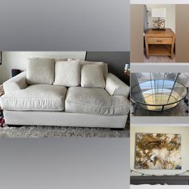 MaxSold Auction: This online auction features sleeper sofa, glass coffee table, table lamps, floral dishes, dresser, fabric headboard and more!