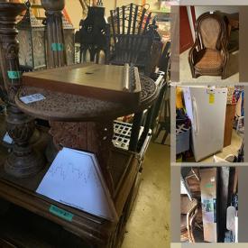 MaxSold Auction: This online auction features furniture such as wicker chairs, wooden trunk, cabinet, dressers, desk, tables, shelving units and more, Royal Albert china, vases, wall art, clay figures, books, seasonal decor, linens, accessories, small kitchen appliances, tools, door, china, woven baskets, yard tools and much more!