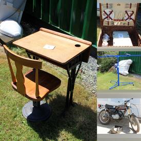 MaxSold Auction: This online auction features vintage electric glass fireplace, grandmother clocks, camel saddle, spinning wheel, vintage wrought iron bed, sewing machine, Blue Willow china, drywall lift, surf kite, power tools, motorcycle lift, vintage dresser set, Royal Doulton tankards, crystal decanters, vintage typewriters and much more!