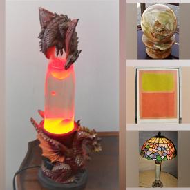 MaxSold Auction: This online auction features stained glass table lamps, art glass, articulated wooden puppets, framed artwork, vintage accordion, depression glass lamp, Royal Doulton figurine, antique porcelain biscuit barrel, vintage Bosson\'s heads and much more!
