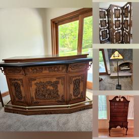 MaxSold Auction: This online auction features Cherrywood Highboy, Butler\\\'s Tray Table, Side Tray Table, Serving Tray, Burlwood, Teak Shelving System, Japanese Satsuma Pottery, 2 Wooden Tawainese Chests with Brass Trim and much more!