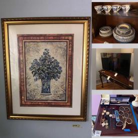 MaxSold Auction: This online auction features framed artwork, fine china, Wedgwood, Lenox, 14kt jewelry, 42” Insignia TV, furniture such as Martha Stewart couch, accent chairs, coffee table, dressers and dining table with chairs, area rugs, Asian decor, books, glassware, shelving units, holiday decor and much more!