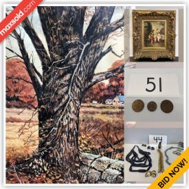 MaxSold Auction: This online auction features oil paintings, watercolour paintings, prints, etching, costume jewelry, vintage Masonic lapel pins & badges, vintage commemorative tokens and much more!