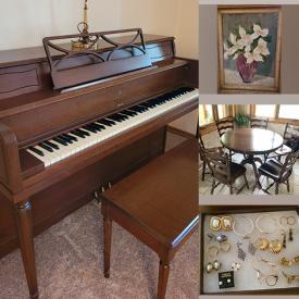 MaxSold Auction: This online auction features Lesage piano, Royal Albert, Colclough, trading cards, NIB collector figures, 55” TV, furniture such as sofa, swivel rocker, end tables, dining tables with chairs, china cabinet and office desks, lamps, footwear, framed artwork, glassware, office supplies, costume jewelry and much more!