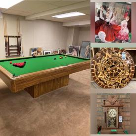 MaxSold Auction: This online auction features a pool table with accessories, washboards, lanterns, oil paintings, golf shoes and clock. Includes mirrors, copper art, butter dishes, mantel clocks, garden décor, Turntable, toys and small appliances. Also includes golf balls, player piano rolls, printer and Mexican décor. Includes piano and bench, floor radio, chair, rug and bookcase. Includes popcorn maker, pump sprays, side table, leather couch and much more!