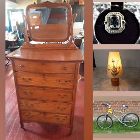 MaxSold Auction: This online auction features mountain bikes, gemstone jewelry stained glass window, antique oak dresser, vintage books, vintage framed maps, fly fishing gear, vintage bottle, leather jacket, LPs, wall art, Indigenous dream catchers, art glass, antique wooden chairs, yard tools, and much more!