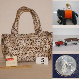 MaxSold Auction: This online auction features various items such as books, bag, clarinet, vintage bowl, silver medal, military utility, cartridge, antler handle, silver dimes, teddy bears, tray, teaching toy, music box, hair products, spoons, historical plates, hoverboards, postcards, paintings and much more.