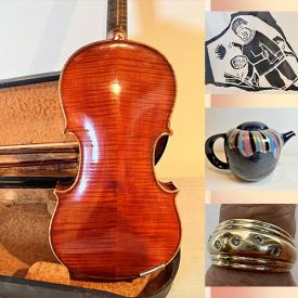 MaxSold Auction: This online auction features an acoustic guitar, violin, solid brass cowboy boot, picnic basket, vintage cocktail shaker silver plate copper set, mirror, violin, vintage African wood statue art, metal detector, pressure washer, reciprocating saw and much more!