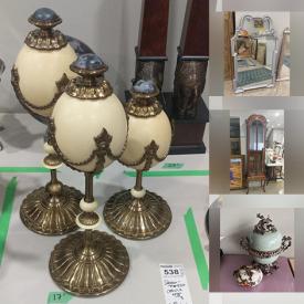 MaxSold Auction: This online auction features rugs, light fixtures, books, wall art, frames, ceramic planters, kitchenware, silverplate, Halloween serving ware, Fitz and Floyd rabbits, Shaw Pezzo ostrich egg pillars, console table and much more!