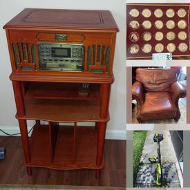 MaxSold Auction: This online auction features a shelving unit, dresser with mirror, Noritake China, King Edward silver plate flatware, Beagle lamp, wall tapestry, automatic guitar tuner, leaf blower, stationary bicycle converter, tools and much more!