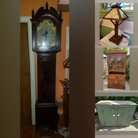 MaxSold Auction: This online auction features antique long case clock, vintage rugs, slag glass lamp, art glass, hand tools, vintage oil lamps, Victorian hall rack, primitive utensils, mountain bike, barware, studio pottery, horse bells, antique oak hutch and much more!