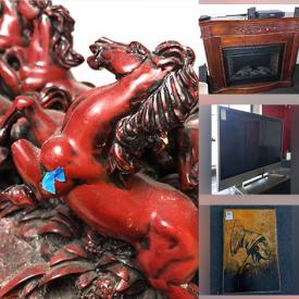 MaxSold Auction: This online auction features artworks, furniture, mirror, storage box, animal statue, speakers, wall clock, horse sculpture, TVs, vintage items, wooden piano CD shelf stand, drum, St. John Cardigan, vintage Magnavox FM stereo, candle stand, Tony little gazelle stair stepper, divider, wooden electric fireplace, vacuums, kid\'s bike and much more!