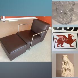 MaxSold Auction: This online auction features area rug, leaning bookcases, accent chairs, dining room table & chairs, Waterford crystal, advertising signs, decanter, pewter, decorative plates, leather sectional sofa, chaise, roll top desk, Royal Doulton china, costume jewelry, perfume bottle and much more!