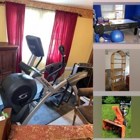 MaxSold Auction: This online auction features chairs, wicker shelf, Ariens snowblower, tripod camera, lamps, dining table, coffee table, exercise equipment, bookcase, king bed frame, Cybex Arc Trainer, loveseat, Yamaha sound system, electronics and much more!