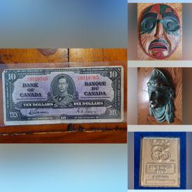 MaxSold Auction: This online auction features comics, currency, vintage brass bells, art pottery, framed wall art, First Nations art, coins, sterling silver ingot, model ships, jewelry, antique vanity set, watches, stamps, stone sculptures, vintage magazines and much more!