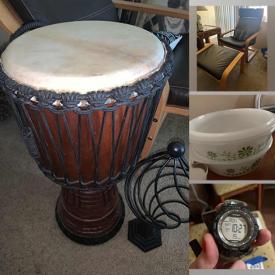 MaxSold Auction: This online auction features small kitchen appliances, golf clubs, framed wall art, African drum, faux leather armchair, TV, area rugs, live plants, inflatable bed, vintage Pyrex, and much more!