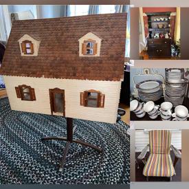 MaxSold Auction: This online auction features collector plates, fine china, vintage toys, collector dolls, \nfurniture such as a reclining armchair, wooden buffet, dining table, and outdoor rocking chairs, area rugs, handmade dollhouse, pottery, glassware and much more!