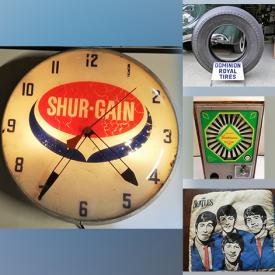 MaxSold Auction: This online auction features signed watercolor, vintage outdoor clock, license plates, air compressor, display Dominion tire, shooting game pexi back glass and other plexi back glasses, Pepsi and Coca-Cola cases and boxes, Oneida flatware, bone china, Beatles pillow, earrings, gumball machine, small toys, caution lights, watches, Collector Caps and much more!