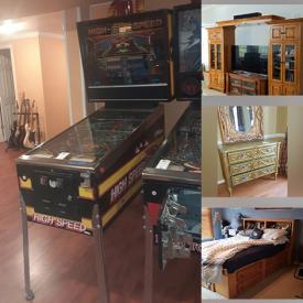 MaxSold Auction: This online auction features pinball machines,  framed wall art, 60” Samsung TV, furniture such as Pottery Barn cabinet, Domain Home Fashion chaise and leather loveseat, sectional sofa, Bernhardt dining table, an ornate dresser, lamps, area rugs, CDs, audio equipment and much more!