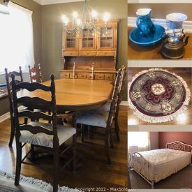 MaxSold Auction: This online auction features solid oak dining room table, lamps, loveseat, couch, entertainment unit, bookcase, Encyclopedias, kitchen ware, cup and saucers, glassware, microwave, rug and much more!