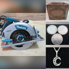 MaxSold Auction: This online auction features power & hand tools, vintage irons, pullies & hooks, wooden crates, decorative plates, coins, jewelry, games, barware, art glass and much more!