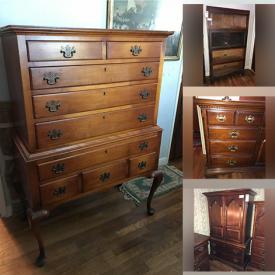 MaxSold Auction: This online auction features items such as a  Wash Basin, Wooden Table, Yarn Spinner, Singer Sewing Machine, Spinning Wheel, Milk Jug, Sleigh Bells, Historic Prints, Dresser, Barrister Bookcase, Dresser, Mirror, Armoire, Matching Nightstands, Bed, Hutch, Wooden Desk Chair, Roll Top Desk, Lamp and much more!
