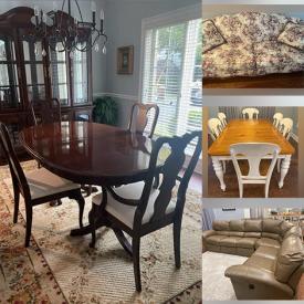 MaxSold Auction: This online auction features hutch, dining table, dining chairs, cherry wood sofa, curio cabinet, mantle clock, leather sofa, lamps, artificial planters, prints, wine cart, bed set, armoire, mirror and much more!