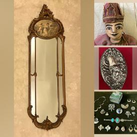 MaxSold Auction: This online auction features an antique Baroque Trumeau mirror, stained glass lamps, jewelry, Burmese puppets, Chinese wall panels, Adderley Staffordshire place card holders, electronics, jewelry, maple desk, Nevco valet, Asian decor, cherry table and chairs, books, art glass, Christmas decor, ceramics, wooden crate and much more!