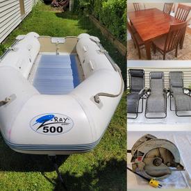 MaxSold Auction: This online auction features vintage Wedgwood bone china dishes, oak dining room table & chairs, life jackets, power & hand tools, reel mower, inflatable boat, area rug, vintage jewellery, TV, coins, and much, much, more!!