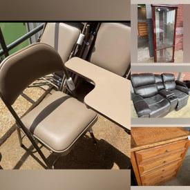 MaxSold Auction: This online auction features 4 steel folding chairs with arm, office chair, Brown leather reclining loveseat, curio cabinet, and Formica desk. Includes chest of drawers, and nightstand. Includes queen headboard, desk top section, bookshelf and much more!