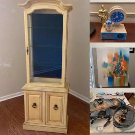 MaxSold Auction: This online auction features a Drexel china cabinet, German punch bowl, curio cabinet, wall art, mirror with scrollwork, serving ware, vintage Star Wars items, quilt, Royal Worcester, glassware, collectible spoons, Christmas plates, wall art, antique dolls, stamps, jewelry, vintage scarves, baskets and much more!