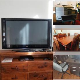 MaxSold Auction: This online auction features Samsung refrigerator, Samsung washer and dryer, 60” LG TV, Blu-ray players, HP OfficeJet, furniture such as dining room tables with chairs, oak dressers, office desks and bookcases, suitcases, storage shelving, and much more!n