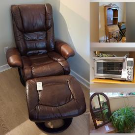 MaxSold Auction: This online auction features Toaster Oven, Vintage Juicer, Kitchen Utensils, Glass and Plastic Dishes, Birks Sterling Utensils, Clock, 26\" TV, Wooden Table, Leather chair with stool, Secretary Desk With Hutch, Baskets And Tray On Stand, Wooden Bench and much more.