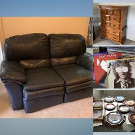 MaxSold Auction: This online auction features collector plates with COA, original oil painting, surround sound speakers, LPs, furniture such as leather recliner loveseat, media stand, cabinets, dresser with mirror, corner desk and nightstands, lamps, power tools, exercise equipment, bicycles and much more!