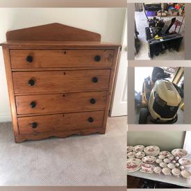 MaxSold Auction: This online auction features a Cub Cadet riding mower, MTD snowblower, chiminea, books, garden trailer, clothing, race car set, iron bird cage, rugs, accessories, lighting fixtures, hardware, cleaning supplies, Minolta camera, vases, decor, linens, Aynsley and other tea cups, Masons Ironstone dinnerware, Singer sewing machines, cheval mirror, fireplace tools, brassware, pink glassware, toys, power tools, workshop supplies, pendant lamps, Toro lawnmower, Yard Commander lawn sweeper, Propane BBQ, furniture such as tables, chaise lounge, pine chests, chairs, antique daybed, reclining chair, barrister bookcase, jam cabinet, dough box, lockers and much more!