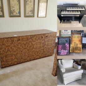 MaxSold Auction: This online auction features various items such as buffet, tables, buffet cart, chair, lamp, sofa, keyboard, faux plant, tv stand, recliner, sofa bed, artwork, dresser, mirror, treadmill, bookcase, books, media cabinet, desk, typewriter and much more.