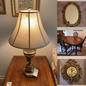 MaxSold Auction: This online auction features a wooden hutch, dresser with mirror, coffee table, dining set, recliner, tea set, pinwheel crystals,  statues, Bombay vases, figurines, needlepoint wall art, exercise bike and much more!